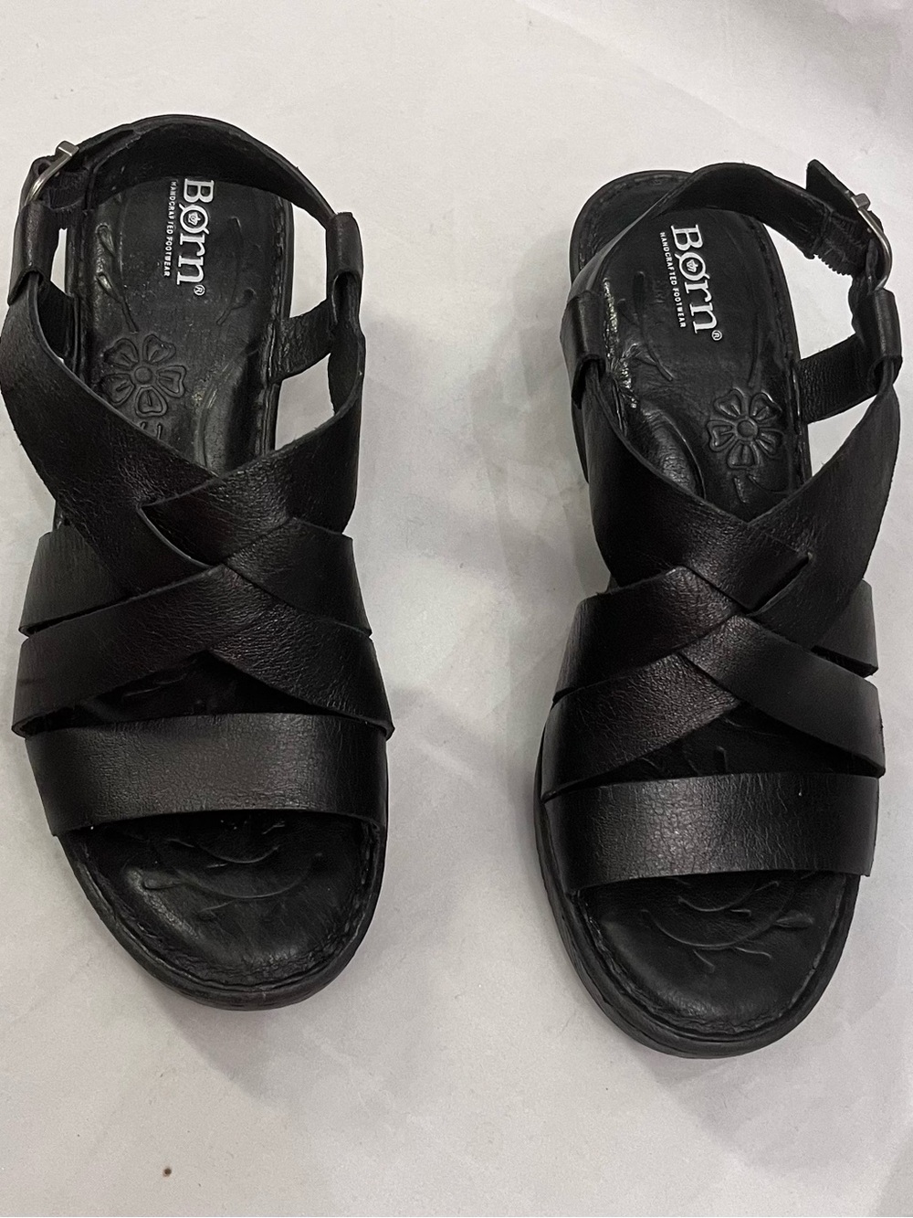 Born Black Leather Crisscross Wedge Sandals - Picture 2 of 6